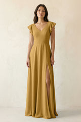Marigold V-Neck Ruffled A-Line Chiffon Bridesmaid Dress | KISSBRIDAL