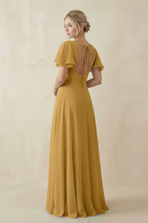 Marigold V-Neck Ruffled Short Sleeves A-Line Bridesmaid Dress (2) | KISSBRIDAL