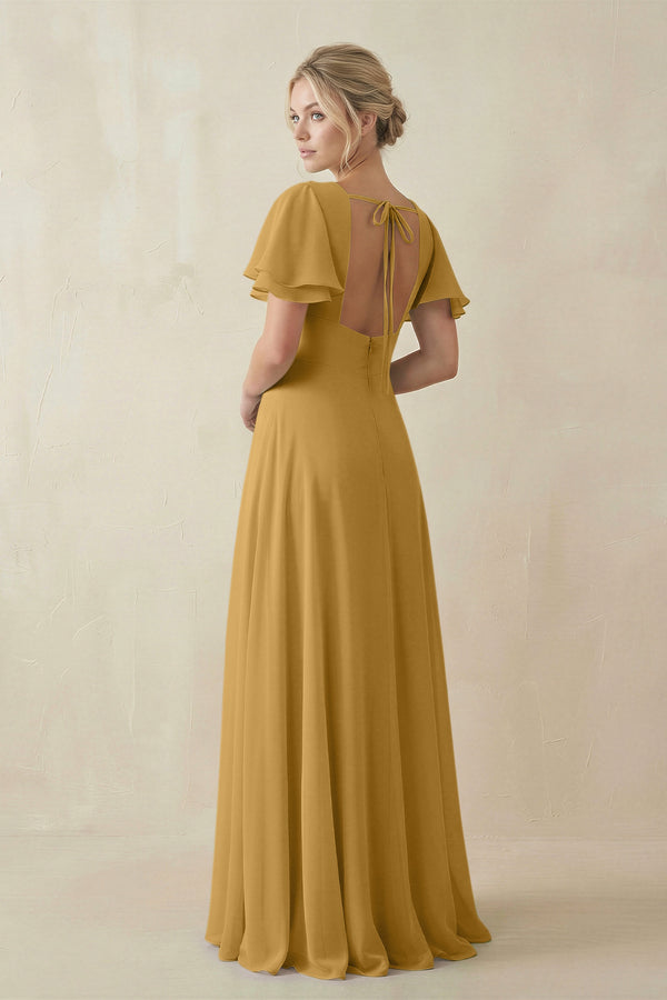 Marigold V-Neck Ruffled Short Sleeves A-Line Bridesmaid Dress (2) | KISSBRIDAL