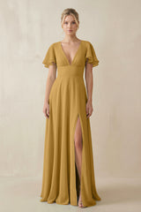 Marigold V-Neck Ruffled Short Sleeves A-Line Bridesmaid Dress | KISSBRIDAL