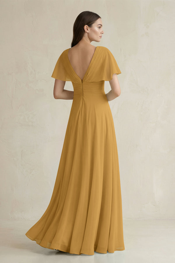 Marigold V-Neck Ruffled Sleeve A-Line Chiffon Bridesmaid Dress (2) | KISSBRIDAL