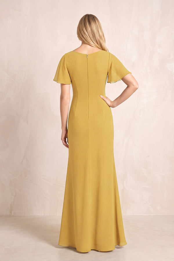Marigold V-Neck Sheath Chiffon Ruffled Short Sleeves Mother of the Bride Dress with Slit (2) | KISSBRIDAL