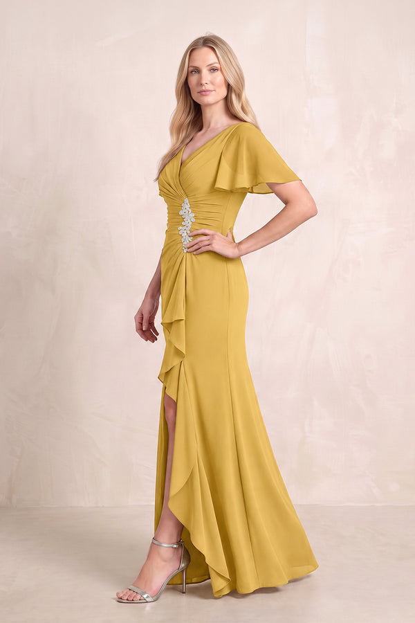 Marigold V-Neck Sheath Chiffon Ruffled Short Sleeves Mother of the Bride Dress with Slit (3) | KISSBRIDAL