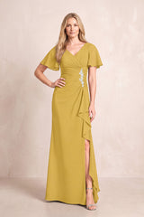 Marigold V-Neck Sheath Chiffon Ruffled Short Sleeves Mother of the Bride Dress with Slit | KISSBRIDAL