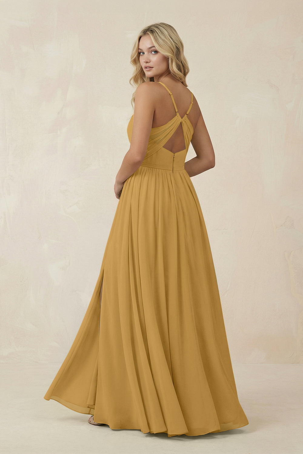 V-Neck Spaghetti Strap A-Line Chiffon Bridesmaid Dress in Marigold