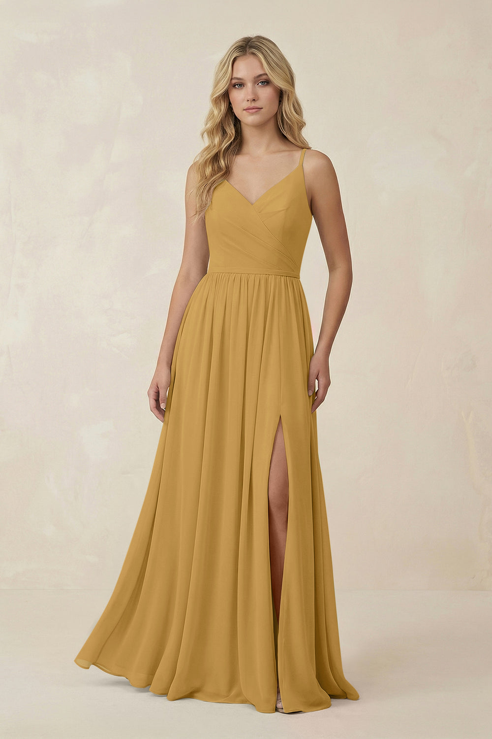 V-Neck Spaghetti Strap A-Line Chiffon Bridesmaid Dress in Marigold