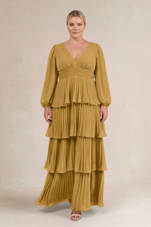 Marigold V-Neck Tiered A-Line Long Sleeve Bridesmaid Dress (3) [sizeplus] | KISSBRIDAL