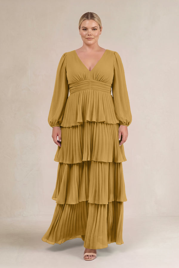 Marigold V-Neck Tiered A-Line Long Sleeve Bridesmaid Dress (3) [sizeplus] | KISSBRIDAL