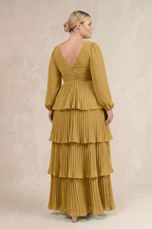 Marigold V-Neck Tiered A-Line Long Sleeve Bridesmaid Dress (4) [sizeplus] | KISSBRIDAL