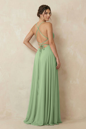 Matcha A-Line Chiffon Bridesmaid Dress With Slit (2) | KISSBRIDAL