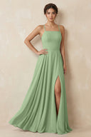 Matcha A-Line Chiffon Bridesmaid Dress With Slit | KISSBRIDAL