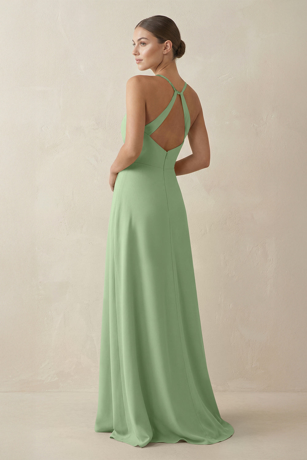A-Line Chiffon Long Bridesmaid Dress With Slit in Matcha