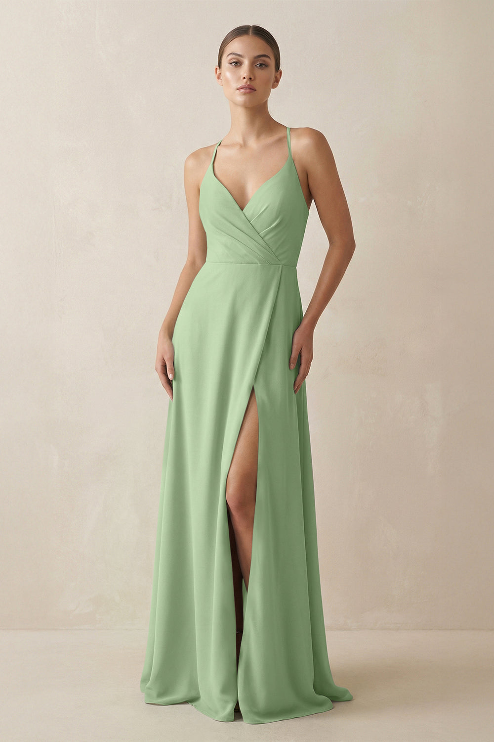 A-Line Chiffon Long Bridesmaid Dress With Slit in Matcha