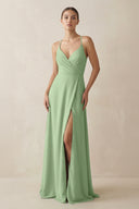 Matcha A-Line Chiffon Long Bridesmaid Dress With Slit | KISSBRIDAL