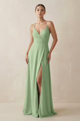 Matcha A-Line Chiffon Long Bridesmaid Dress With Slit | KISSBRIDAL
