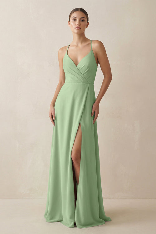 Matcha A-Line Chiffon Long Bridesmaid Dress With Slit | KISSBRIDAL