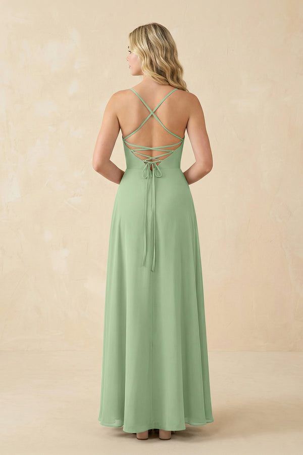 Matcha A-Line Chiffon Spaghetti Strap Bridesmaid Dress (2) | KISSBRIDAL