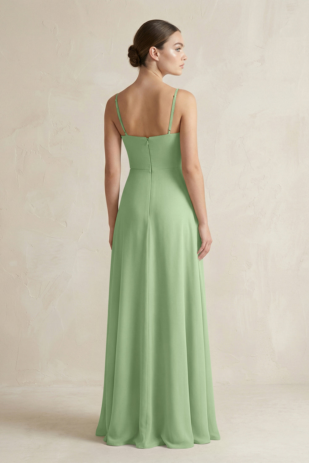 A-Line Chiffon Spaghetti Strap Bridesmaid Dress in Matcha