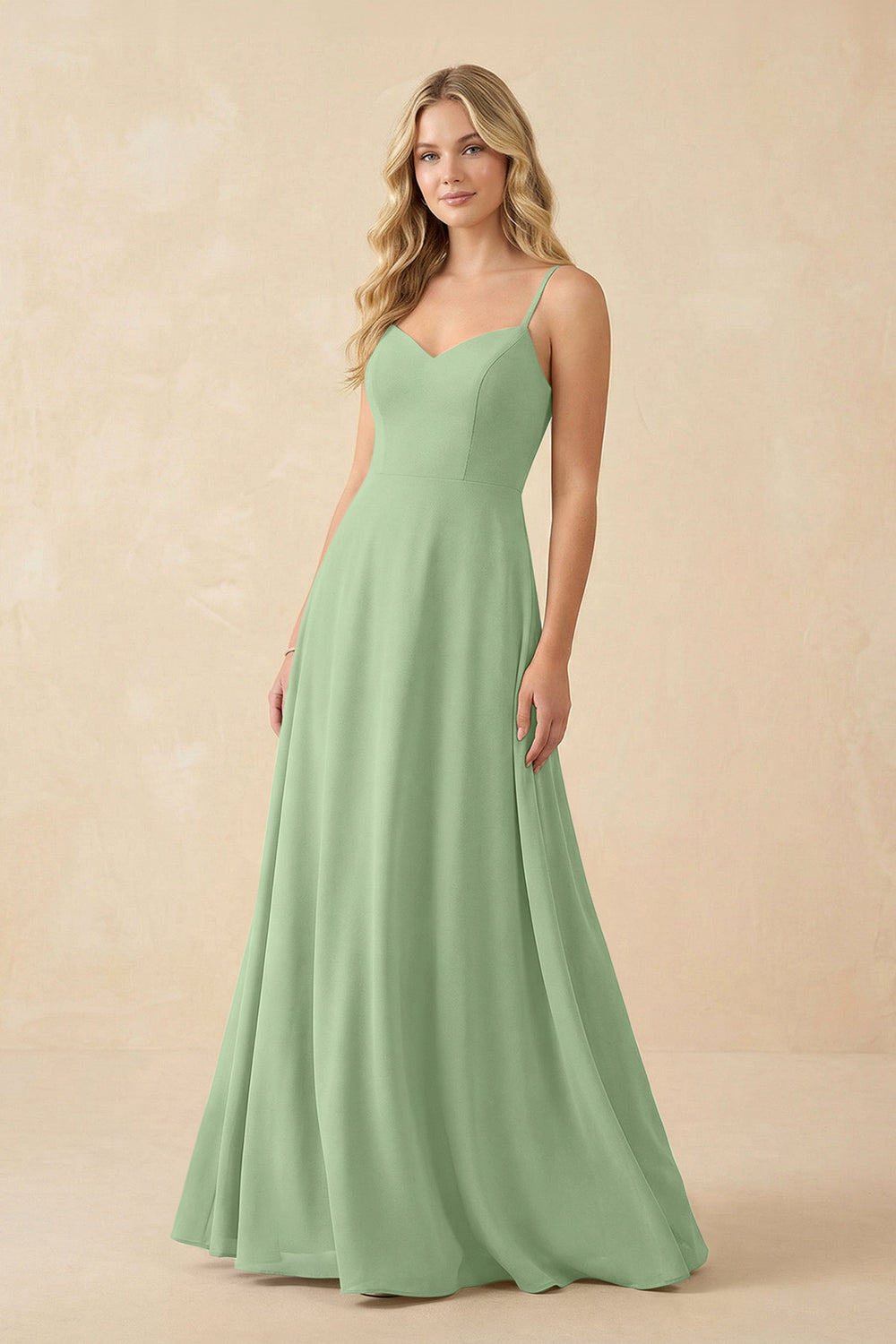 A-Line Chiffon Spaghetti Strap Bridesmaid Dress in Matcha