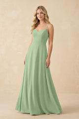 Matcha A-Line Chiffon Spaghetti Strap Bridesmaid Dress | KISSBRIDAL