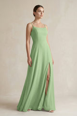 Matcha A-Line Chiffon Spaghetti Strap Bridesmaid Dress | KISSBRIDAL