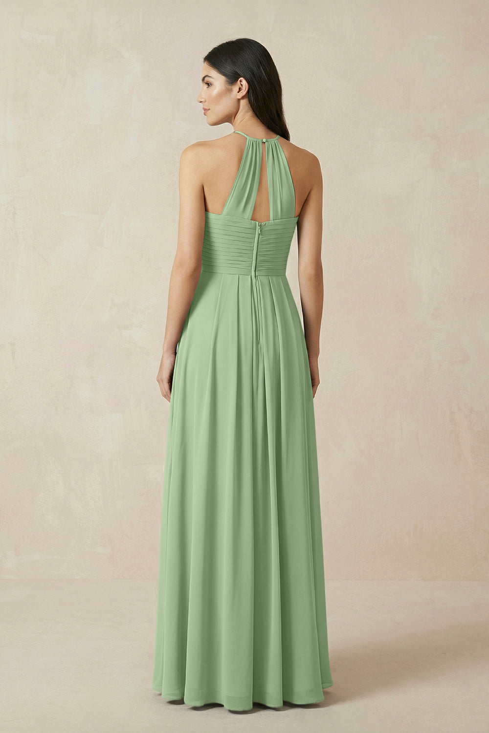 A-Line Halter Neck Pleated Chiffon Bridesmaid Dress in Matcha