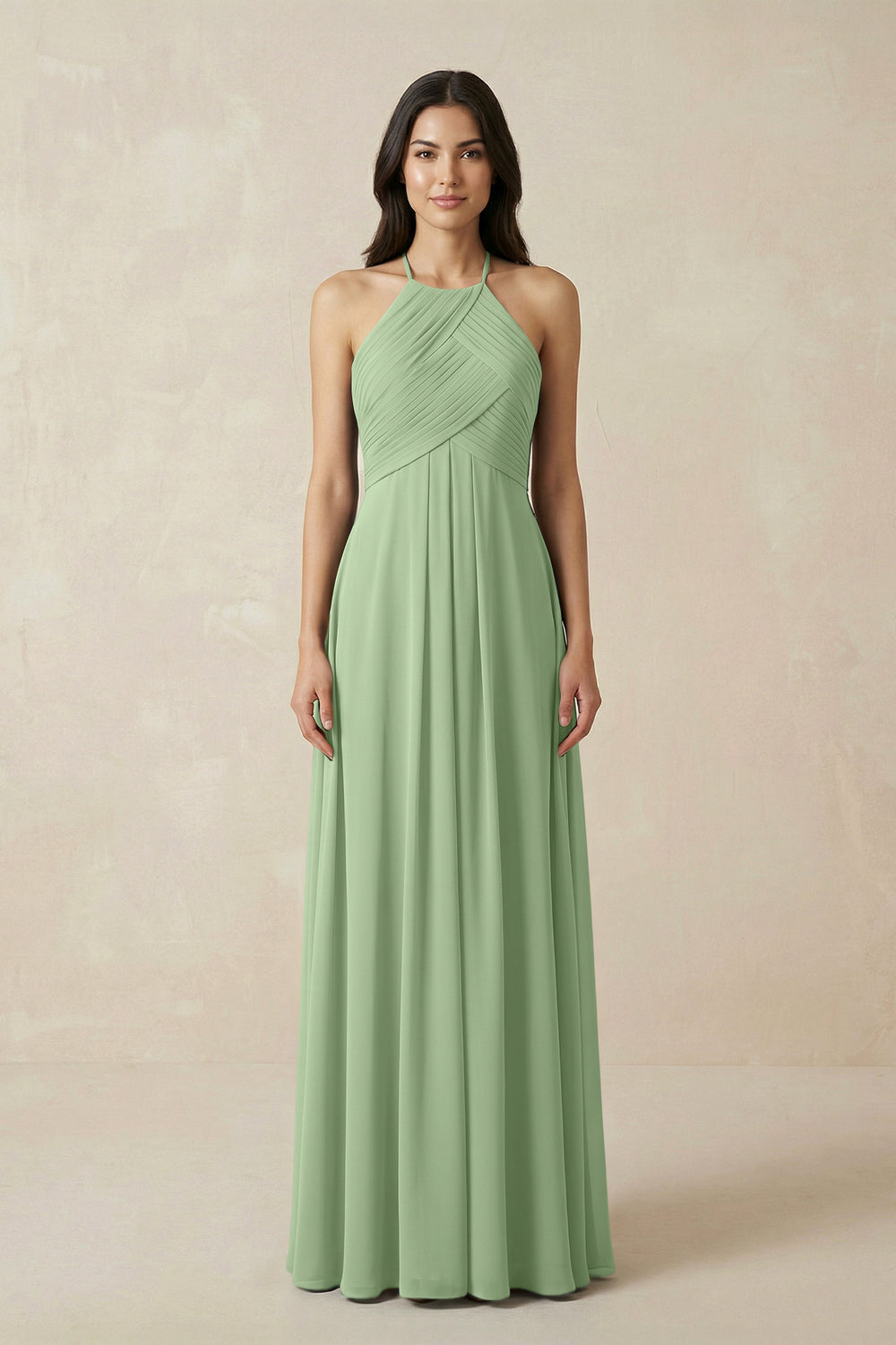 A-Line Halter Neck Pleated Chiffon Bridesmaid Dress in Matcha