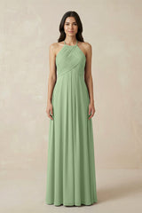 Matcha A-Line Halter Neck Pleated Chiffon Bridesmaid Dress | KISSBRIDAL