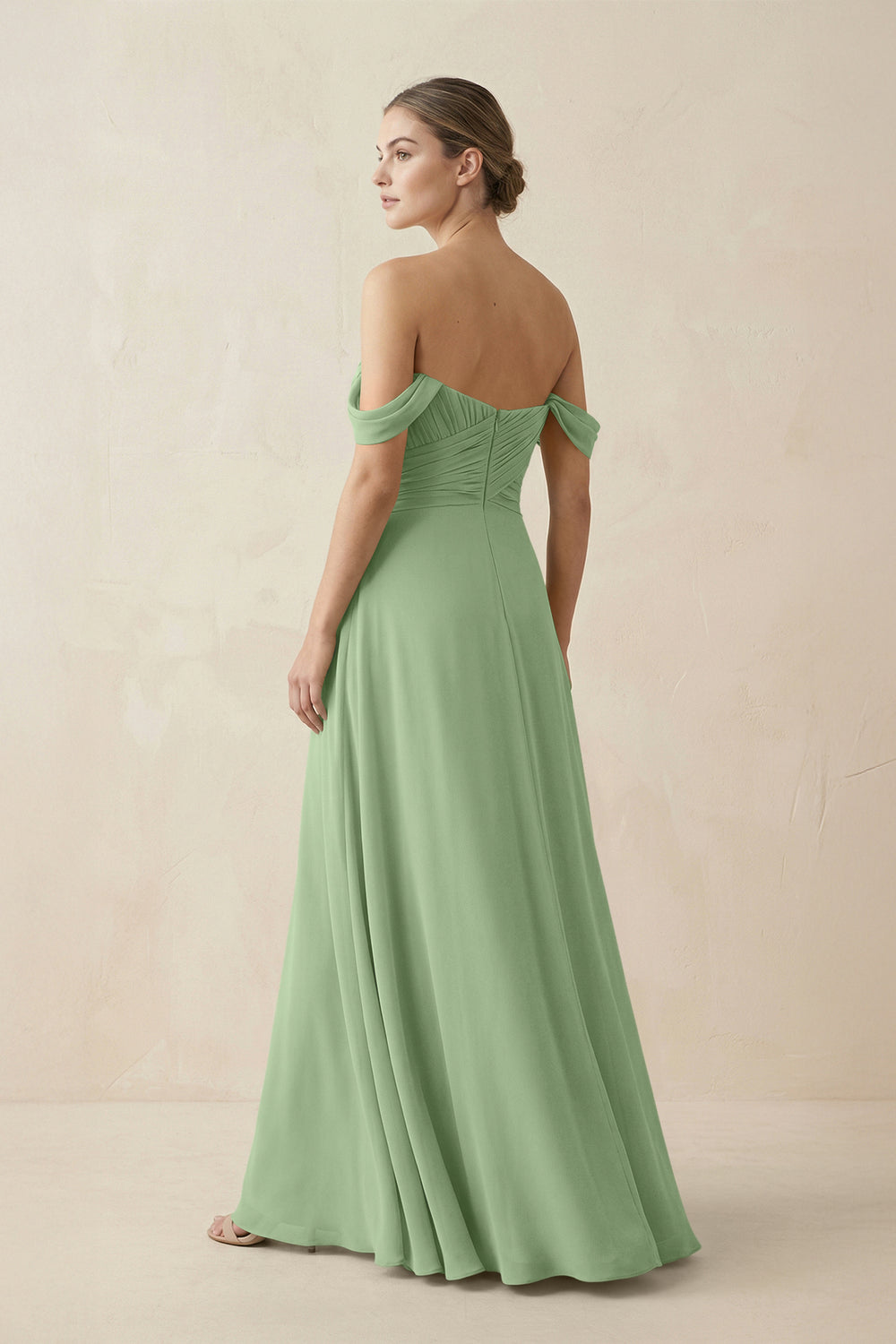 A-Line Off-the-Shoulder Chiffon Bridesmaid Dress in Matcha