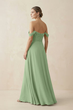 Matcha A-Line Off-the-Shoulder Chiffon Bridesmaid Dress (2) | KISSBRIDAL