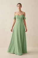 Matcha A-Line Off-the-Shoulder Chiffon Bridesmaid Dress | KISSBRIDAL