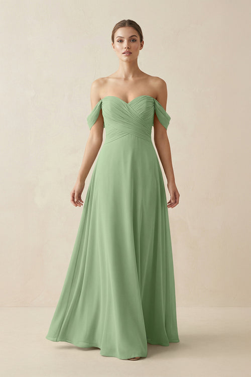 Matcha A-Line Off-the-Shoulder Chiffon Bridesmaid Dress | KISSBRIDAL
