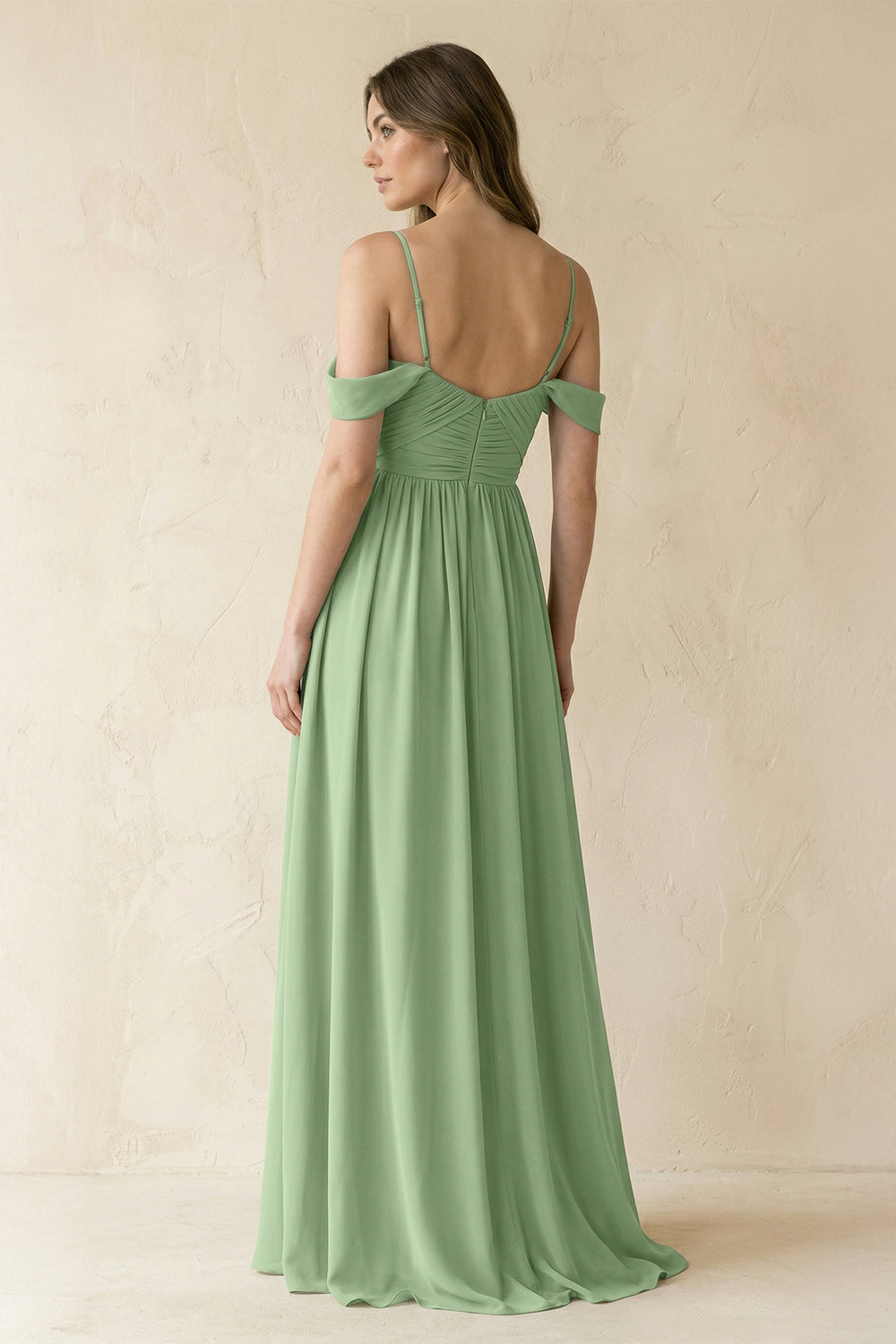 A-Line Off-the-Shoulder Pleated Chiffon Bridesmaid Dress in Matcha
