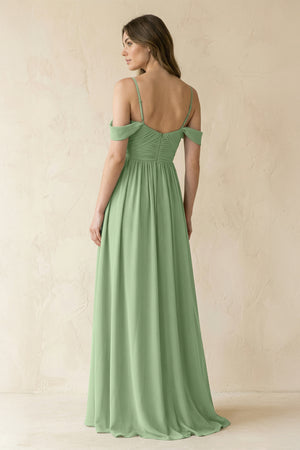 Matcha A-Line Off-the-Shoulder Pleated Chiffon Bridesmaid Dress (2) | KISSBRIDAL