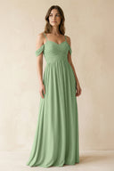 Matcha A-Line Off-the-Shoulder Pleated Chiffon Bridesmaid Dress | KISSBRIDAL