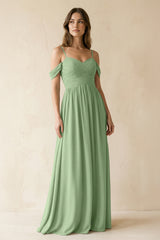 Matcha A-Line Off-the-Shoulder Pleated Chiffon Bridesmaid Dress | KISSBRIDAL