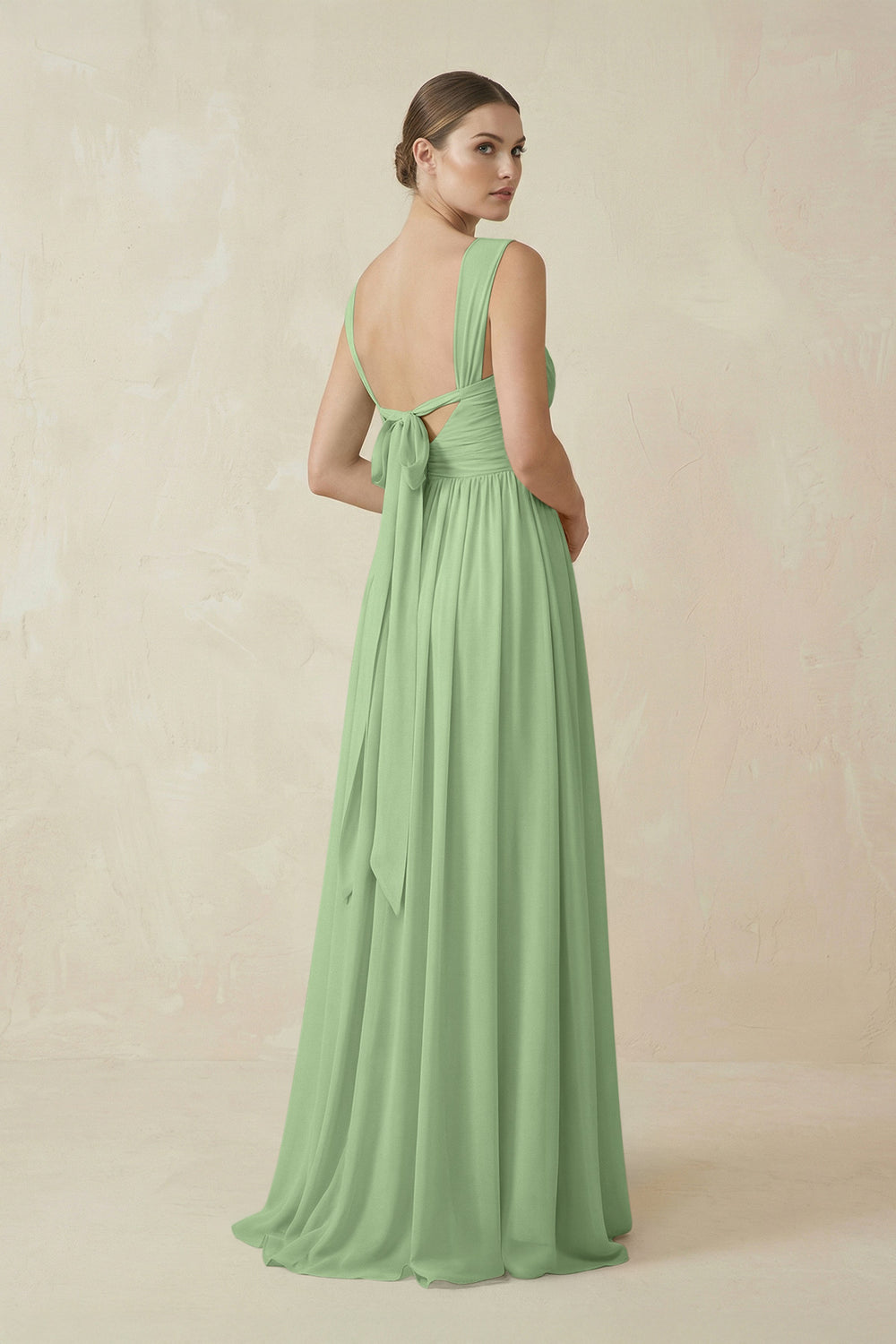 A-Line Pleated Chiffon Long Bridesmaid Dress in Matcha