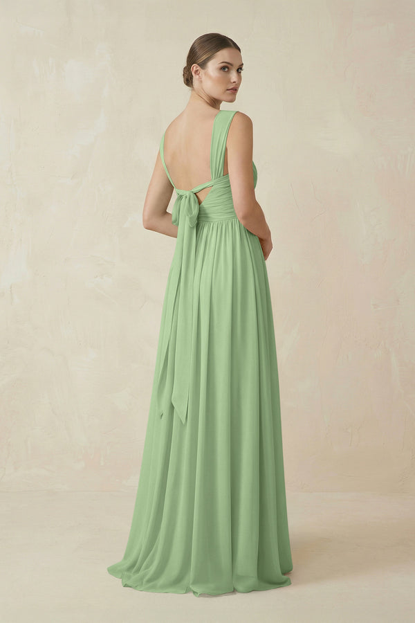 Matcha A-Line Pleated Chiffon Long Bridesmaid Dress (2) | KISSBRIDAL