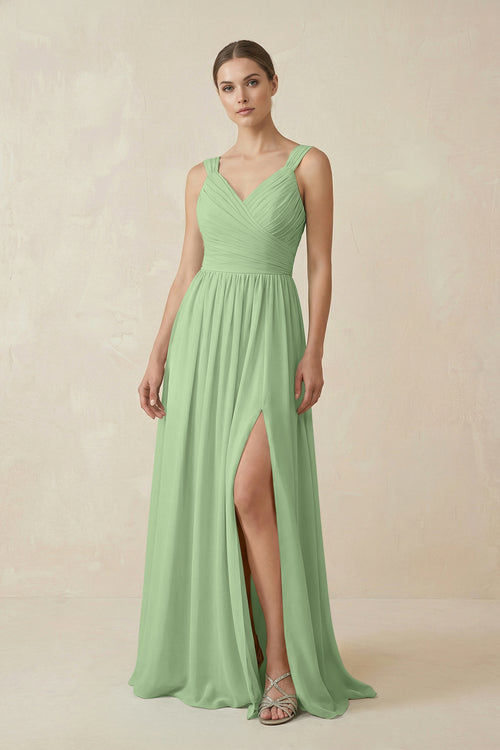 Matcha A-Line Pleated Chiffon Long Bridesmaid Dress | KISSBRIDAL