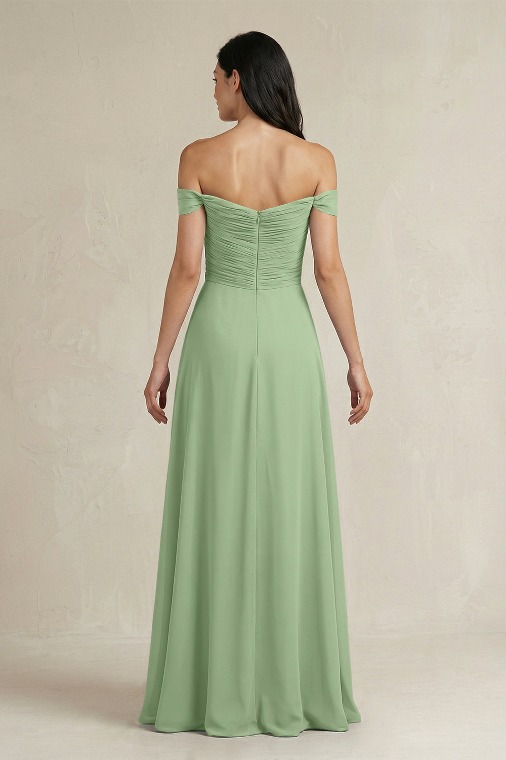 A-Line Pleated Off-the-Shoulder Chiffon Bridesmaid Dress in Matcha