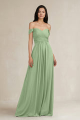 Matcha A-Line Pleated Off-the-Shoulder Chiffon Bridesmaid Dress | KISSBRIDAL