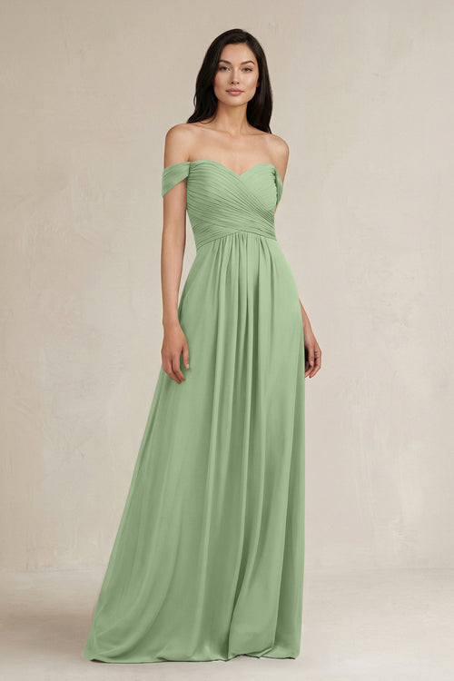 Matcha A-Line Pleated Off-the-Shoulder Chiffon Bridesmaid Dress | KISSBRIDAL