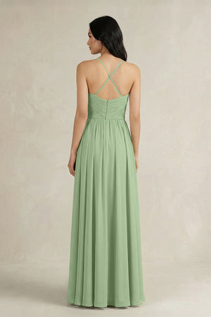 Matcha A-Line Pleated Spaghetti Strap Chiffon Bridesmaid Dress (2) | KISSBRIDAL