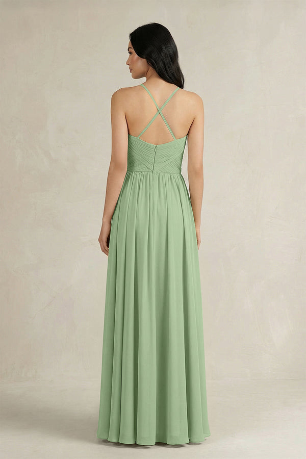 Matcha A-Line Pleated Spaghetti Strap Chiffon Bridesmaid Dress (2) | KISSBRIDAL