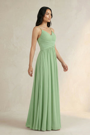 Matcha A-Line Pleated Spaghetti Strap Chiffon Bridesmaid Dress (3) | KISSBRIDAL