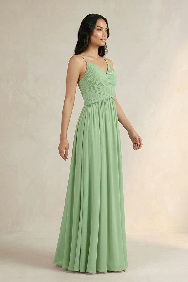 Matcha A-Line Pleated Spaghetti Strap Chiffon Bridesmaid Dress (3) | KISSBRIDAL