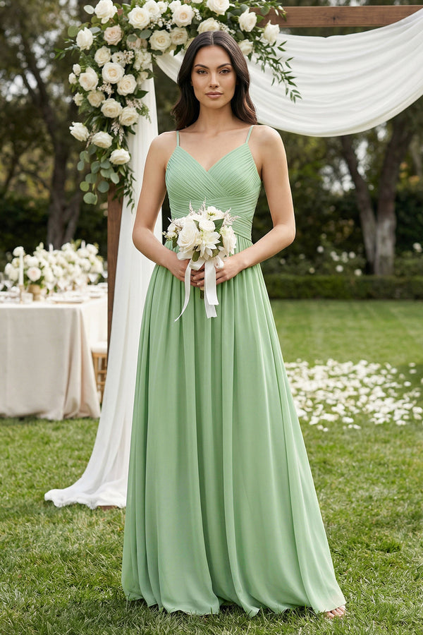Matcha A-Line Pleated Spaghetti Strap Chiffon Bridesmaid Dress (4) | KISSBRIDAL