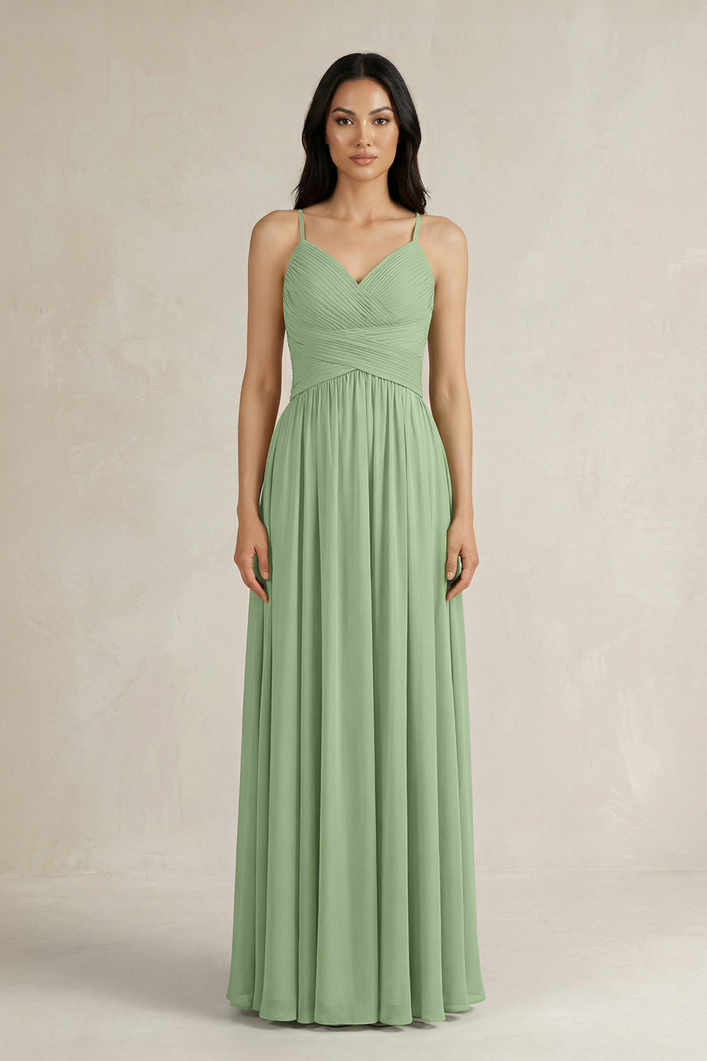 A-Line Pleated Spaghetti Strap Chiffon Bridesmaid Dress in Matcha
