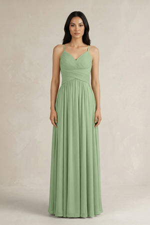 Matcha A-Line Pleated Spaghetti Strap Chiffon Bridesmaid Dress | KISSBRIDAL