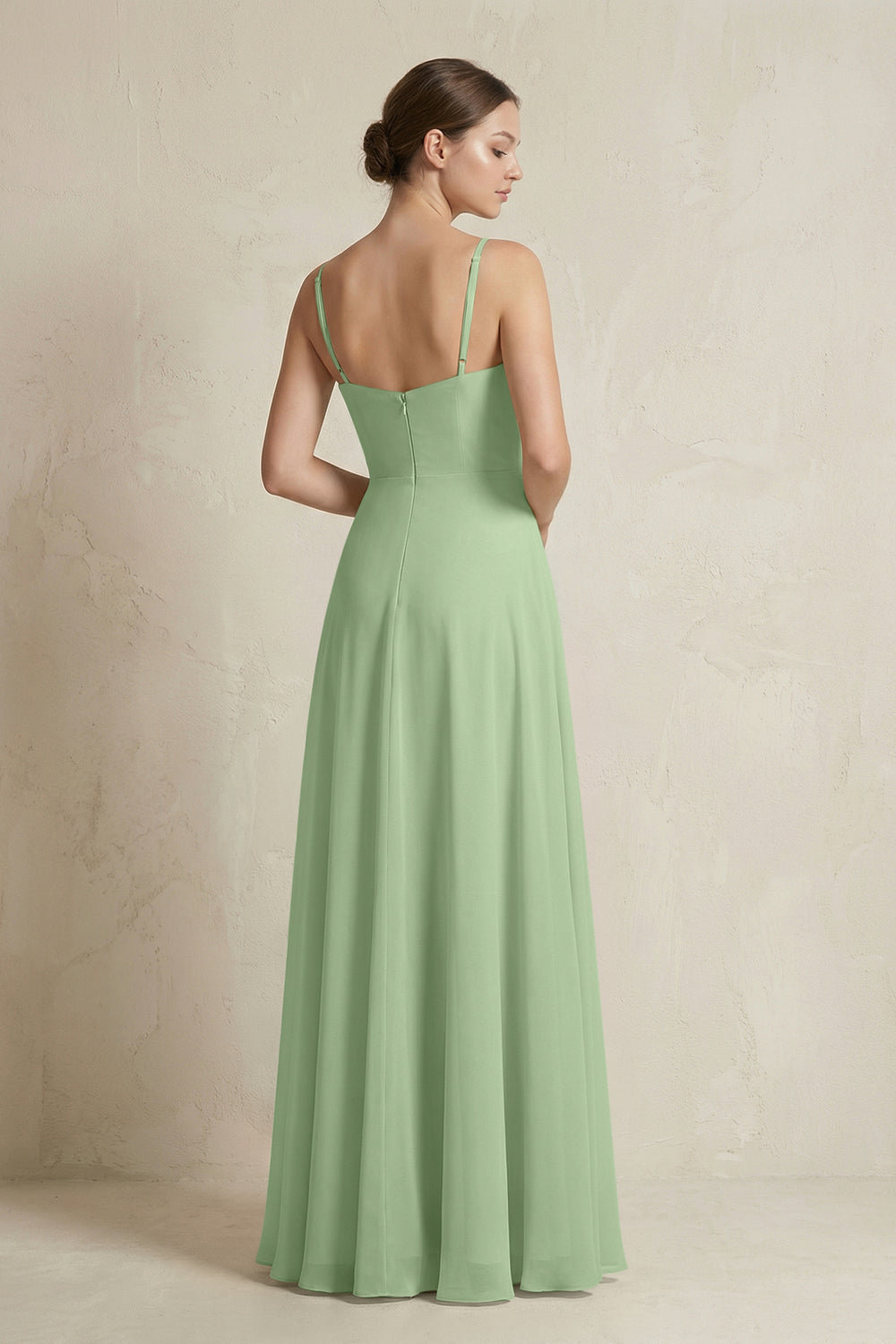 A-Line Ruffled Spaghetti Strap Chiffon Bridesmaid Dress in Matcha